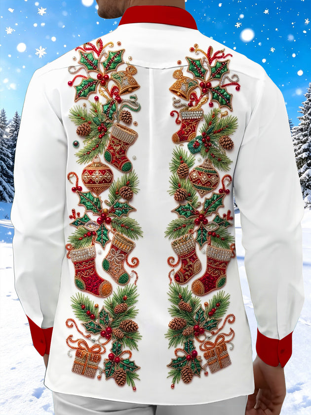 Adaychic Men's Christmas Stockings And Ornaments Print Long Sleeve Shirt with Chest Pocket