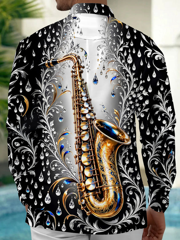 Adaychic Men's Graphic Saxophone And Floral Diamond Pattern Long Sleeve Shirt with Chest Pocket