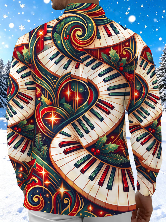 Adaychic Men's Long Sleeve Shirt - Christmas Holly And Berries Print Piano Keyboard And Musical Notes Print with Chest Pocket