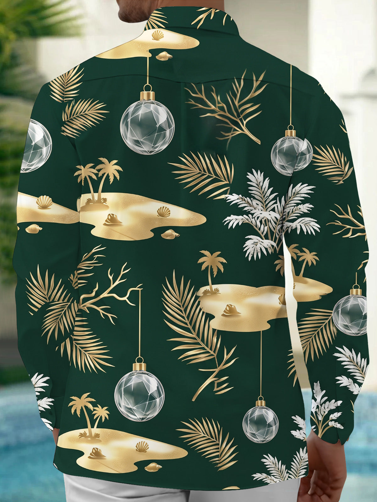 Adaychic Men's Christmas Ornaments And Tropical Beach Print Long Sleeve Shirt with Chest Pocket