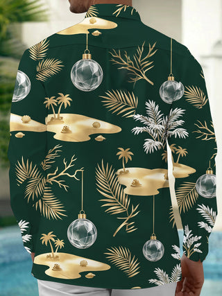 Adaychic Men's Christmas Ornaments And Tropical Beach Print Long Sleeve Shirt with Chest Pocket
