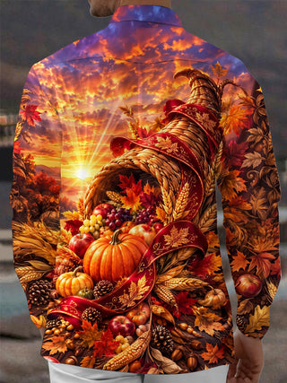 Adaychic Men's Long Sleeve Shirt - Thanksgiving Cornucopia With Pumpkins Grapes Apples Wheat And Autumn Leaves Print with Chest Pocket