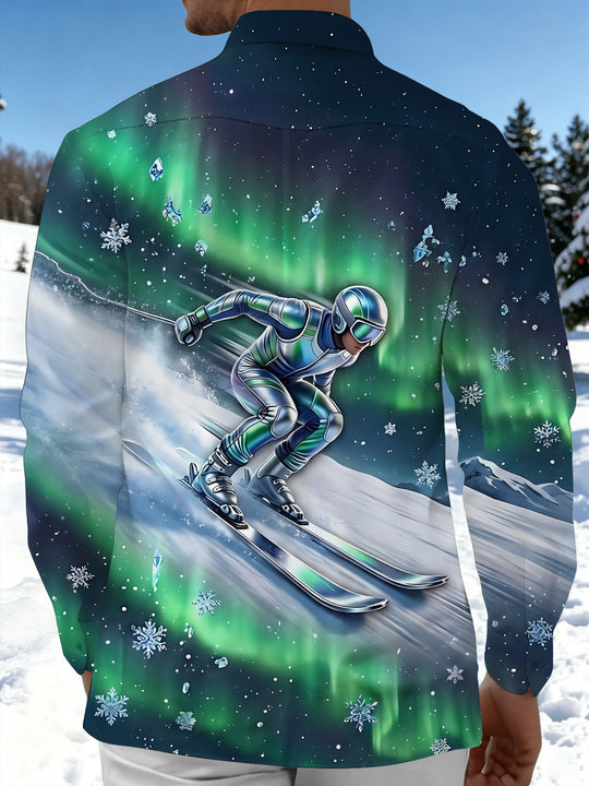 Adaychic Men's Skiing Person And Snowflakes Print Long Sleeve Shirt with Chest Pocket