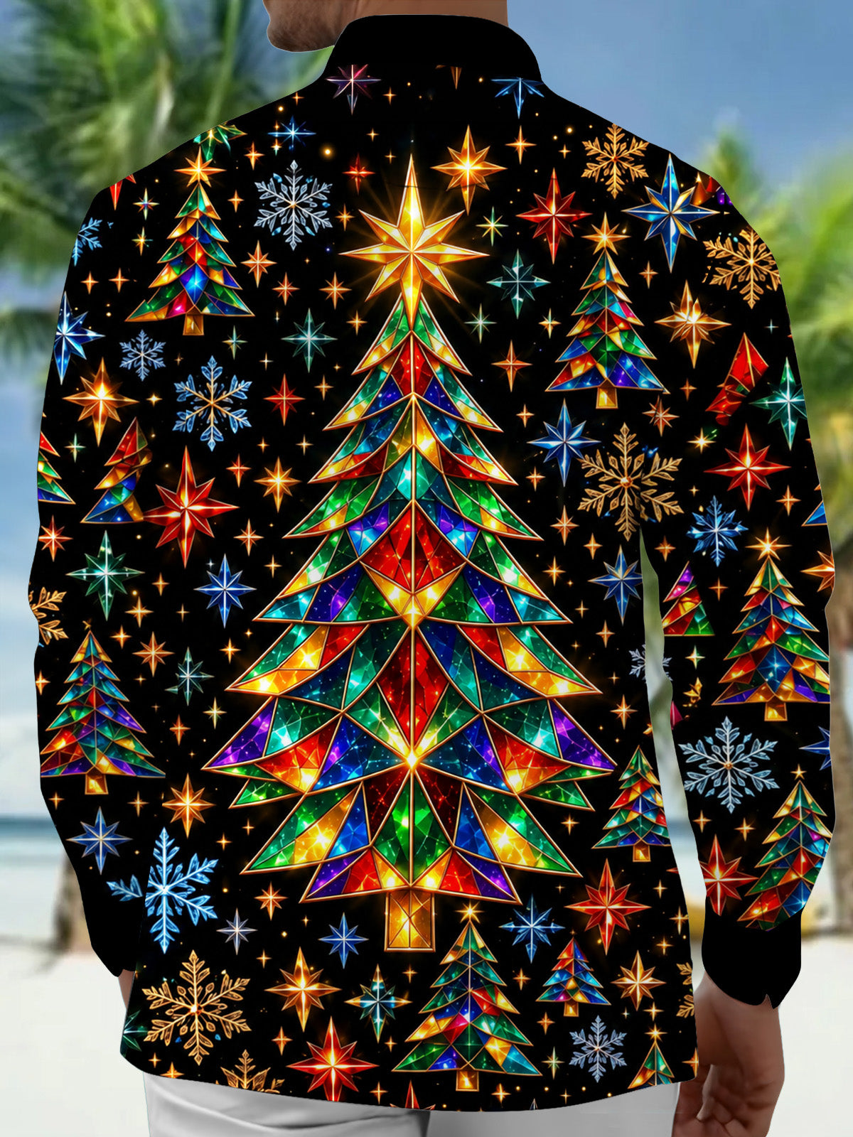 Adaychic Men's Geometric Christmas Trees And Snowflakes Print Long Sleeve Shirt with Chest Pocket