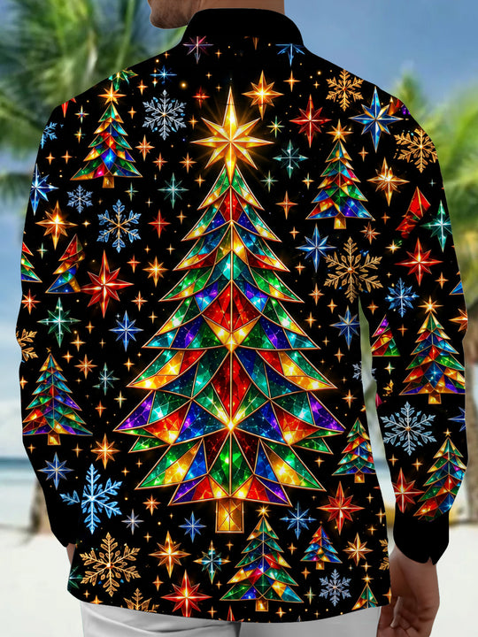 Adaychic Men's Geometric Christmas Trees And Snowflakes Print Long Sleeve Shirt with Chest Pocket