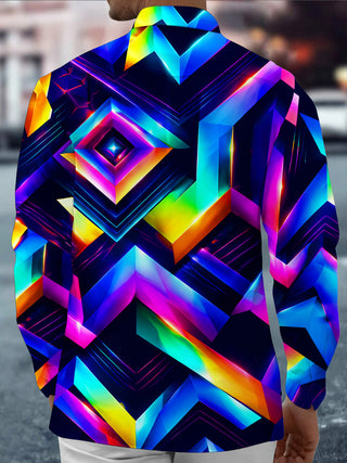 Adaychic Men's Graphic Neon 3D Geometric Diamond Pattern Long Sleeve Shirt with Chest Pocket