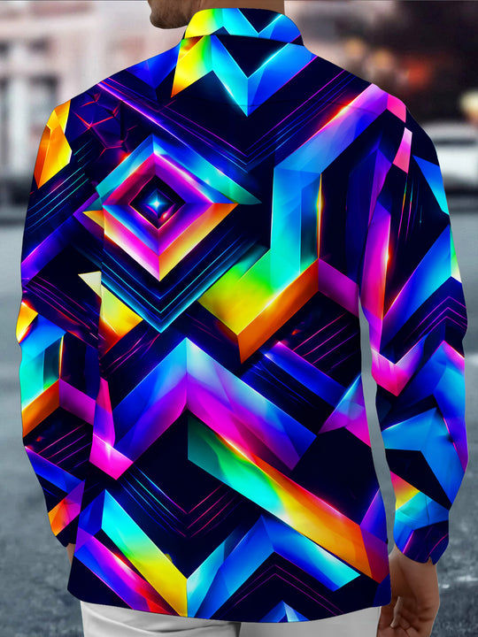 Adaychic Men's Graphic Neon 3D Geometric Diamond Pattern Long Sleeve Shirt with Chest Pocket