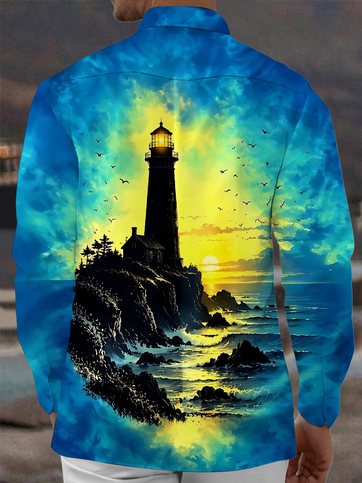 Adaychic Men's Hawaiian Lighthouse And Ocean Sunset Print Long Sleeve Shirt with Chest Pocket