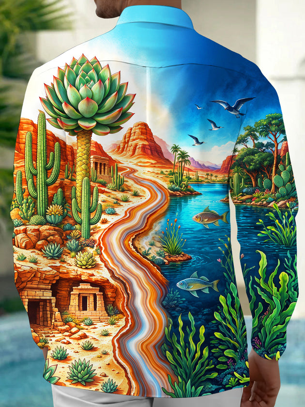 Adaychic Men's Long Sleeve Shirt - Desert Oasis Landscape With Cacti And Fish Print with Chest Pocket