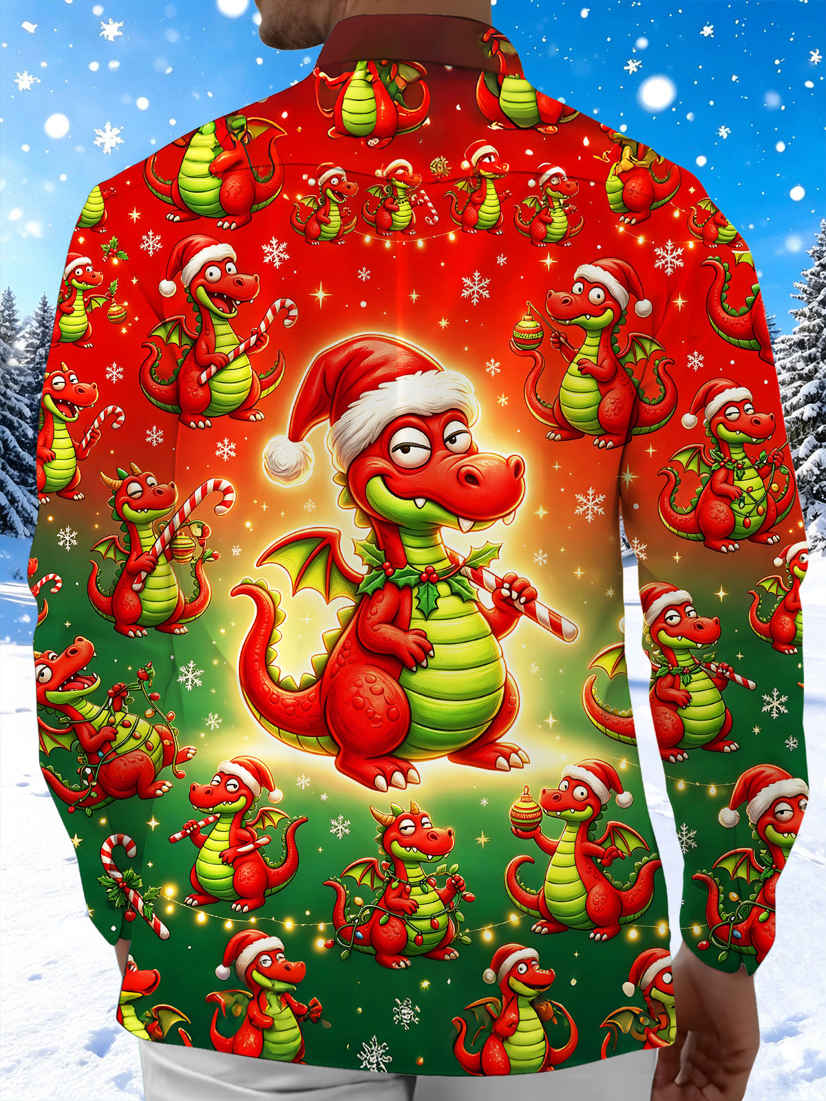 Adaychic Men's Long Sleeve Shirt - Cartoon Dragon With Santa Hat And Christmas Ornaments Print with Chest Pocket