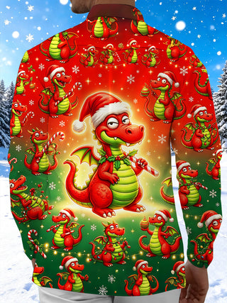 Adaychic Men's Long Sleeve Shirt - Cartoon Dragon With Santa Hat And Christmas Ornaments Print with Chest Pocket