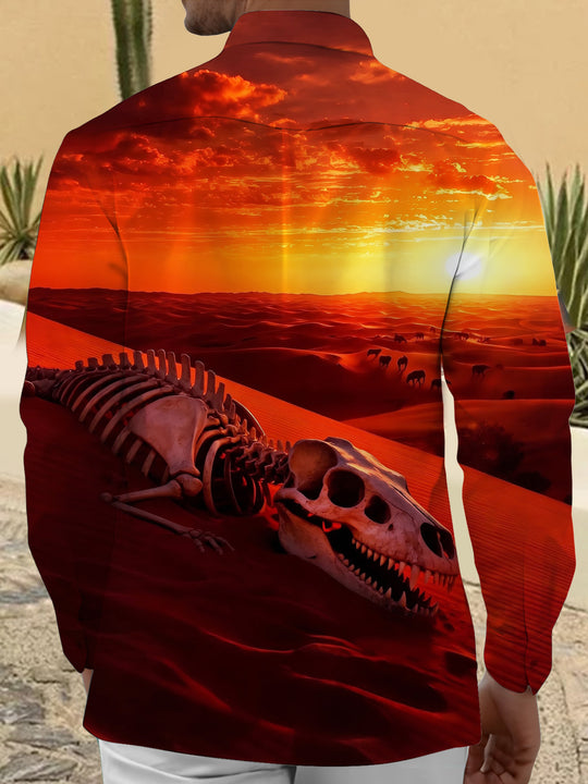 Adaychic Men's Vintage Style Dinosaur Skeleton Print Long Sleeve Shirt with Chest Pocket