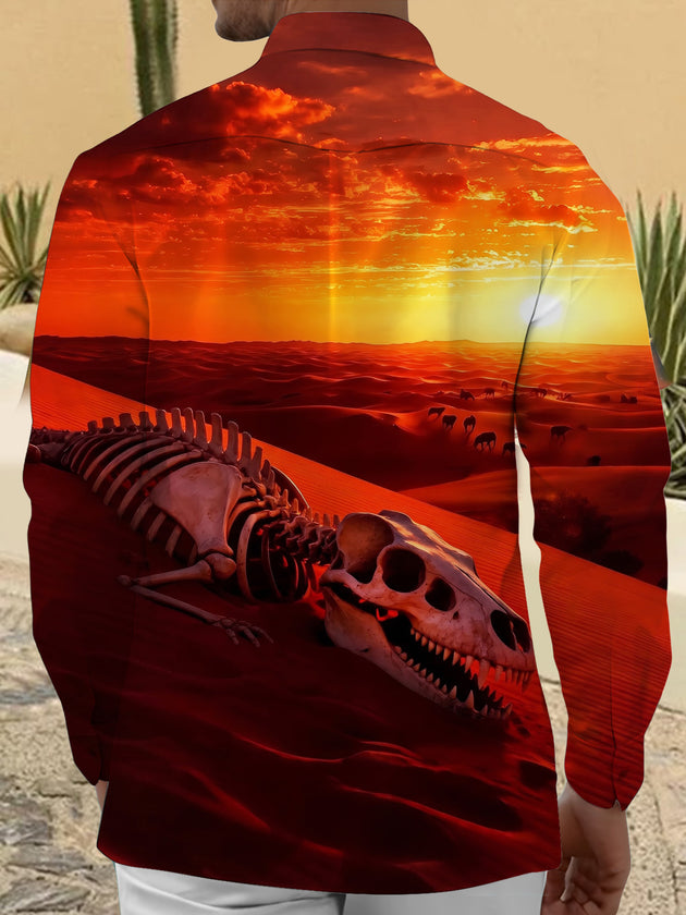 Adaychic Men's Vintage Style Dinosaur Skeleton Print Long Sleeve Shirt with Chest Pocket