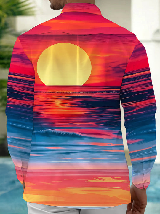 Adaychic Men's Hawaiian Sunset Over Ocean Print Long Sleeve Shirt with Chest Pocket
