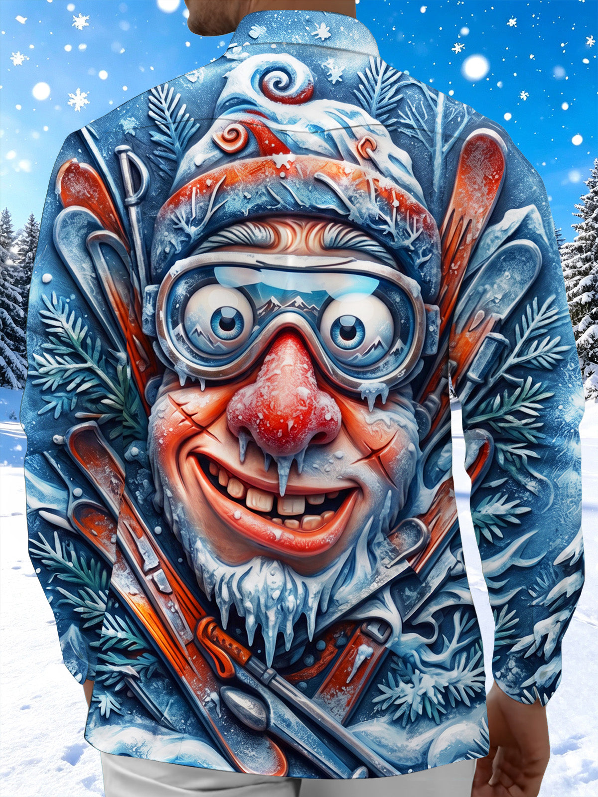 Adaychic Men's Long Sleeve Shirt - Funny Cartoon Santa Claus With Ski Goggles And Skis Print with Chest Pocket