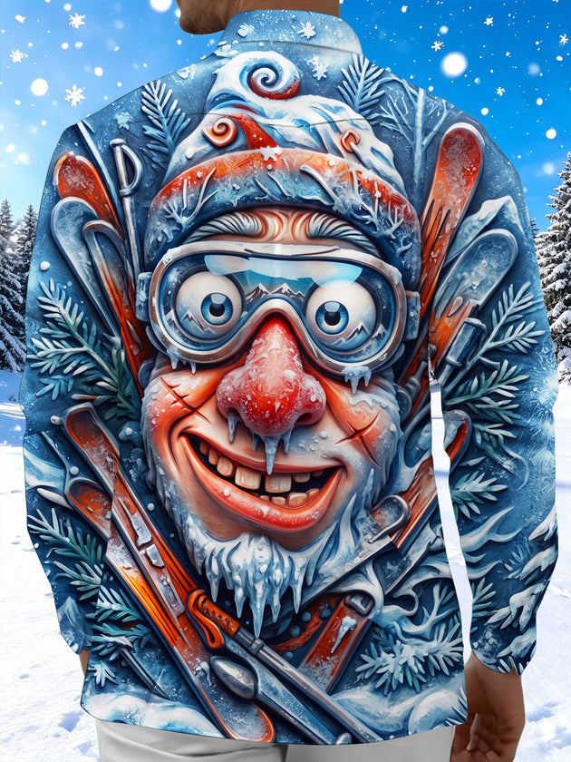 Adaychic Men's Long Sleeve Shirt - Funny Cartoon Santa Claus With Ski Goggles And Skis Print with Chest Pocket