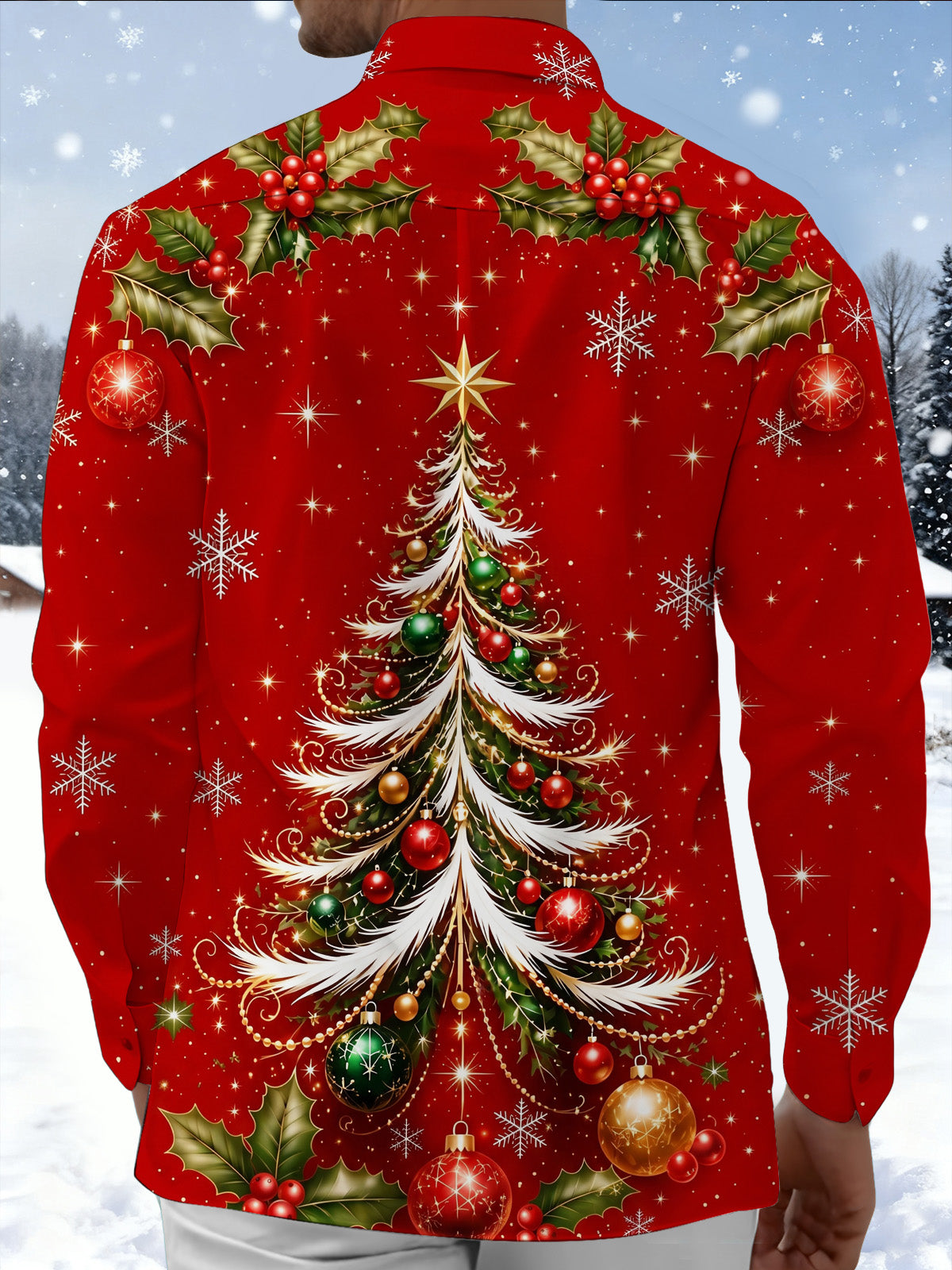 Adaychic Men's Printed Christmas Tree Print Snowflakes Print Long Sleeve Shirt with Chest Pocket