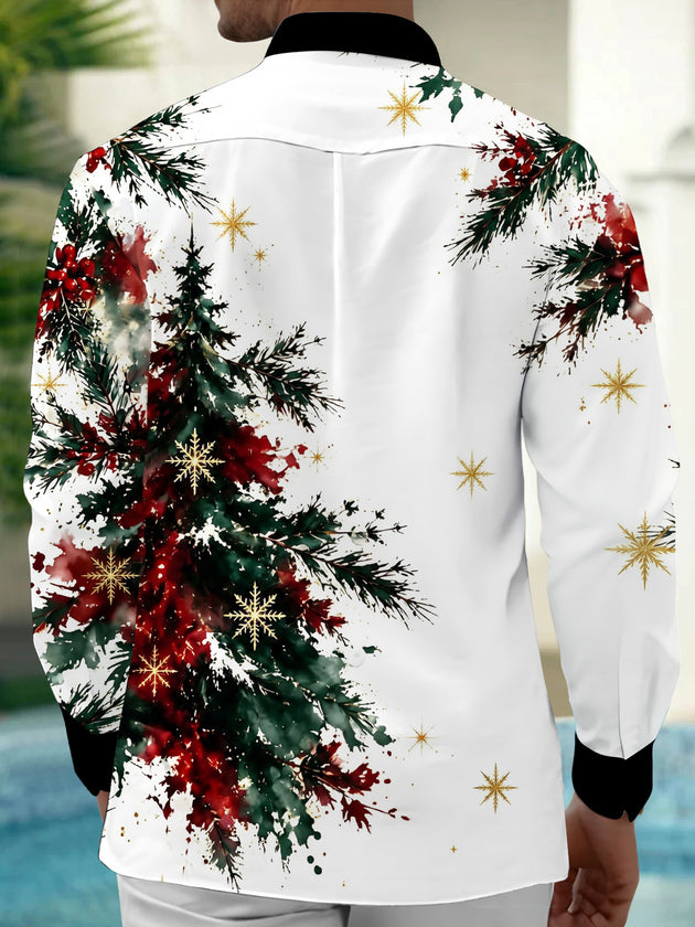 Adaychic Men's Watercolor Christmas Tree And Snowflakes Print Long Sleeve Shirt with Chest Pocket