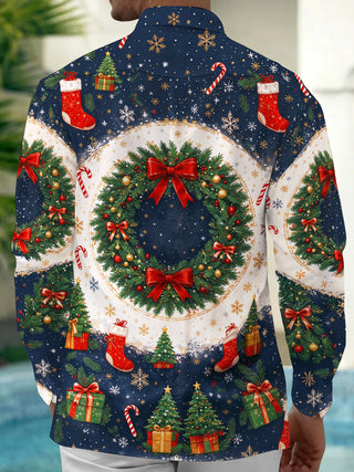 Adaychic Men's Christmas Wreath With Red Bows Print Long Sleeve Shirt with Chest Pocket