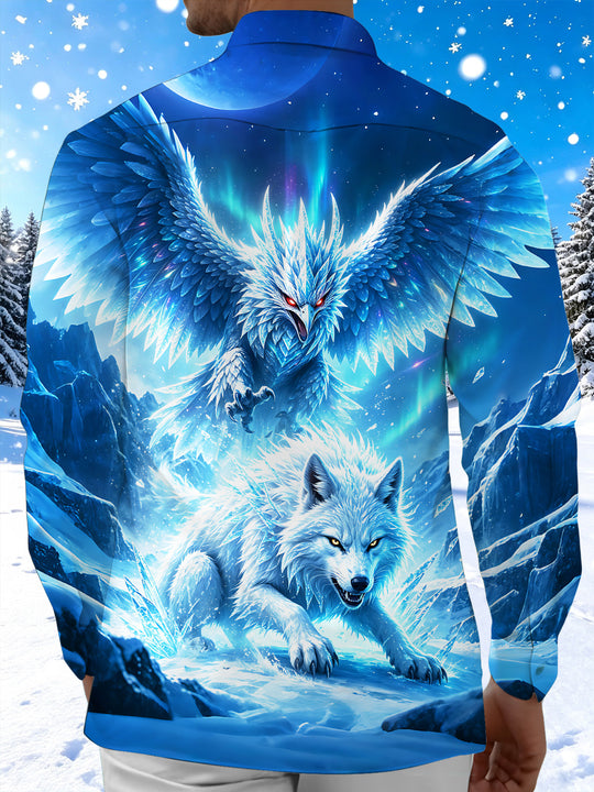 Adaychic Men's Graphic Ice Eagle Print Snow Wolf Print Long Sleeve Shirt with Chest Pocket