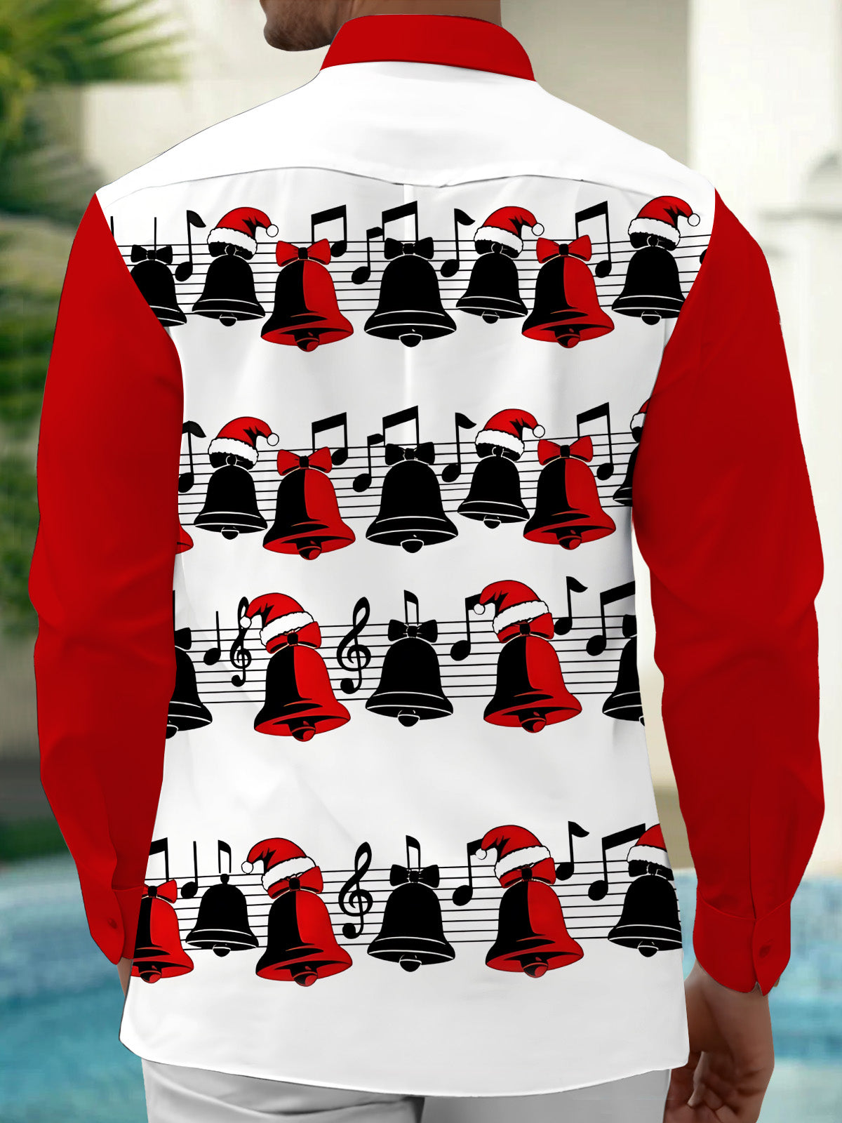 Adaychic Men's Long Sleeve Shirt - Christmas Bells And Musical Notes With Santa Hats Print with Chest Pocket