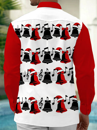 Adaychic Men's Long Sleeve Shirt - Christmas Bells And Musical Notes With Santa Hats Print with Chest Pocket