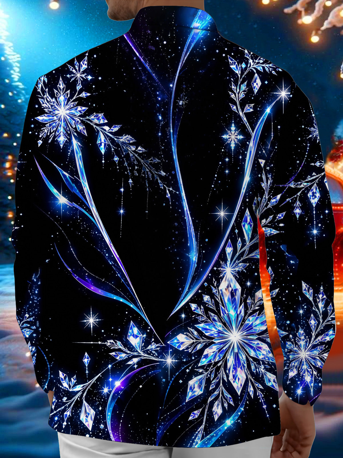 Adaychic Men's Long Sleeve Shirt - Crystal Snowflakes And Geometric Ice Patterns Print with Chest Pocket
