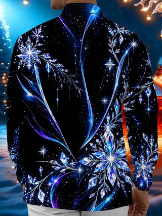 Adaychic Men's Long Sleeve Shirt - Crystal Snowflakes And Geometric Ice Patterns Print with Chest Pocket