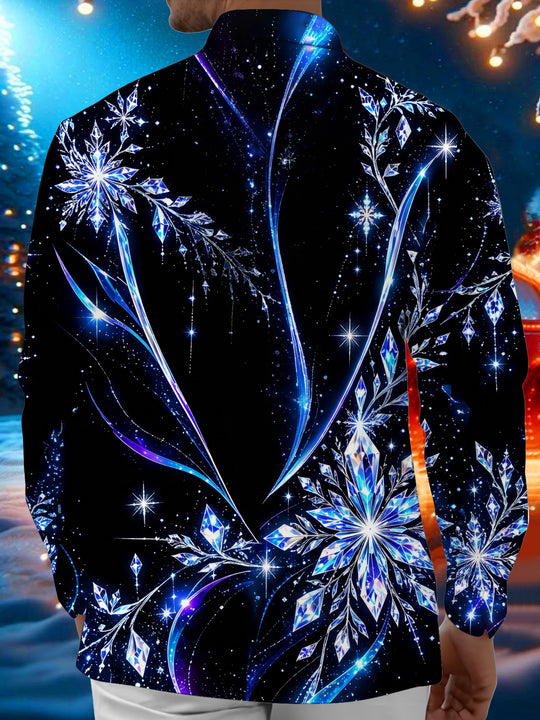 Adaychic Men's Long Sleeve Shirt - Crystal Snowflakes And Geometric Ice Patterns Print with Chest Pocket