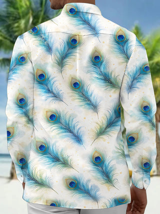 Adaychic Men's Hawaiian Peacock Feather Print Long Sleeve Shirt with Chest Pocket