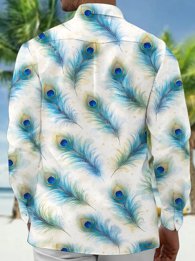 Adaychic Men's Hawaiian Peacock Feather Print Long Sleeve Shirt with Chest Pocket