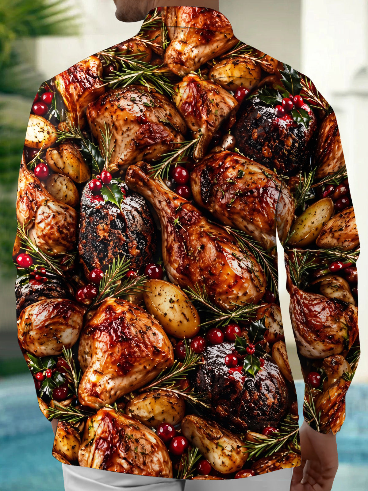 Adaychic Men's Long Sleeve Shirt - Christmas Roast Turkey And Cranberries With Rosemary Print with Chest Pocket
