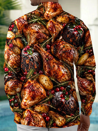 Adaychic Men's Long Sleeve Shirt - Christmas Roast Turkey And Cranberries With Rosemary Print with Chest Pocket