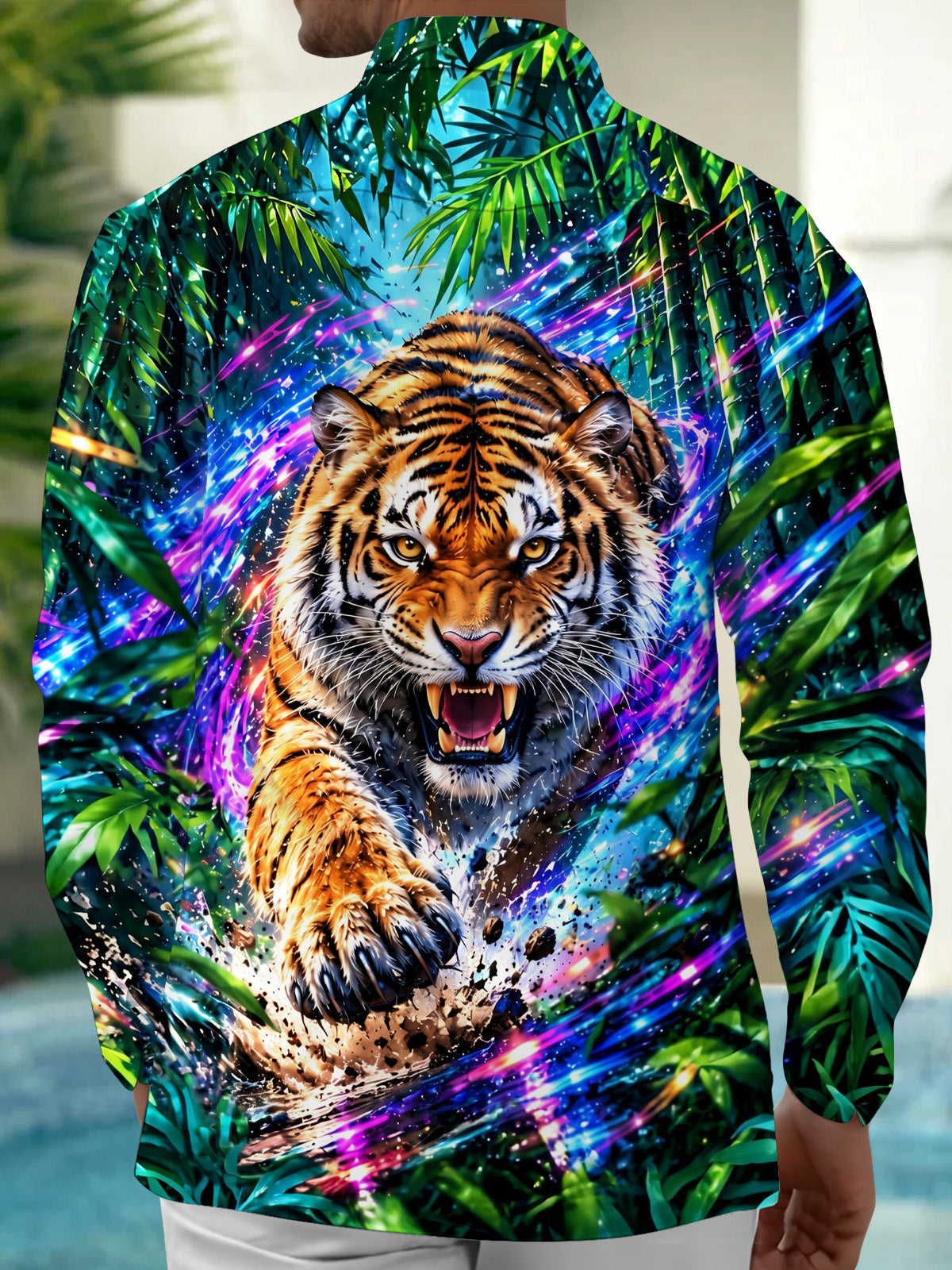 Adaychic Men's Hawaiian Tiger Head And Paw Print Long Sleeve Shirt with Chest Pocket