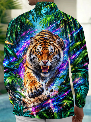 Adaychic Men's Hawaiian Tiger Head And Paw Print Long Sleeve Shirt with Chest Pocket