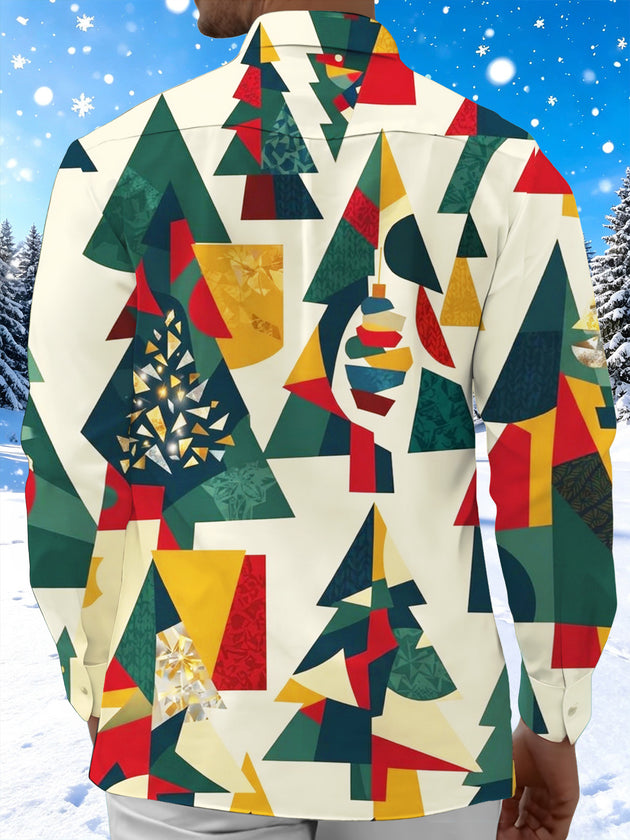 Adaychic Men's Geometric Christmas Trees And Ornaments Print Long Sleeve Shirt with Chest Pocket