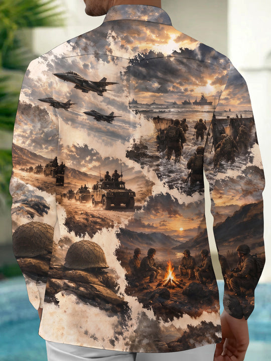 Adaychic Men's Long Sleeve Shirt - Veterans Day Military Soldiers And Beach Landing Scene Print with Chest Pocket