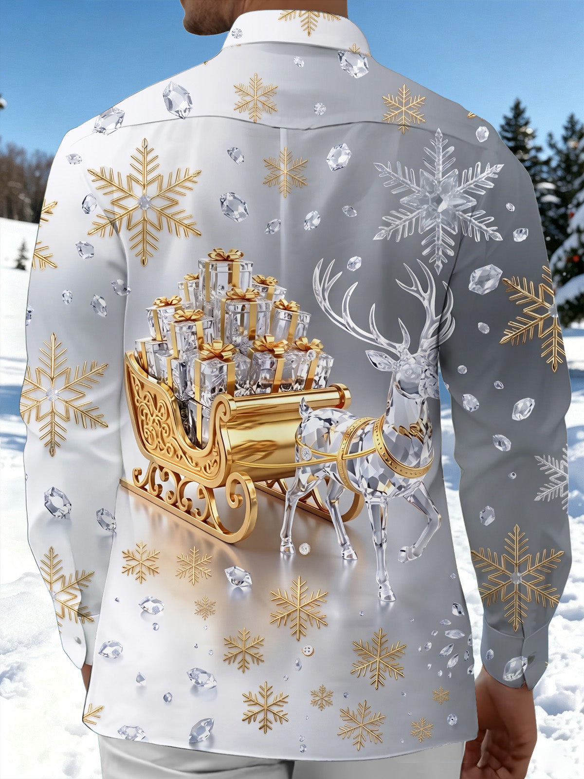 Adaychic Men's Graphic Christmas Reindeer Sleigh Print Long Sleeve Shirt with Chest Pocket