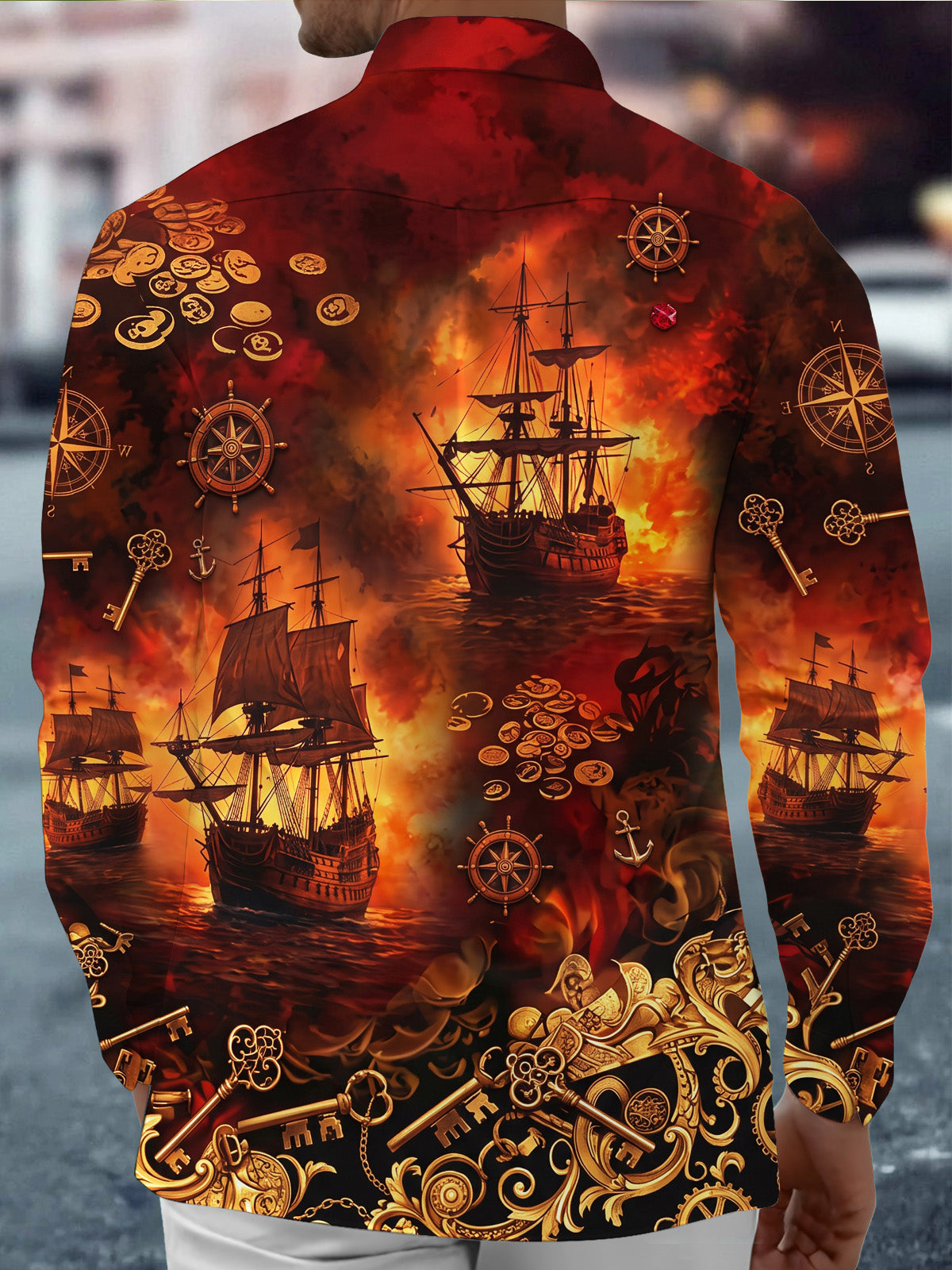 Adaychic Men's Printed Pirate Ships And Treasure Print Long Sleeve Shirt with Chest Pocket