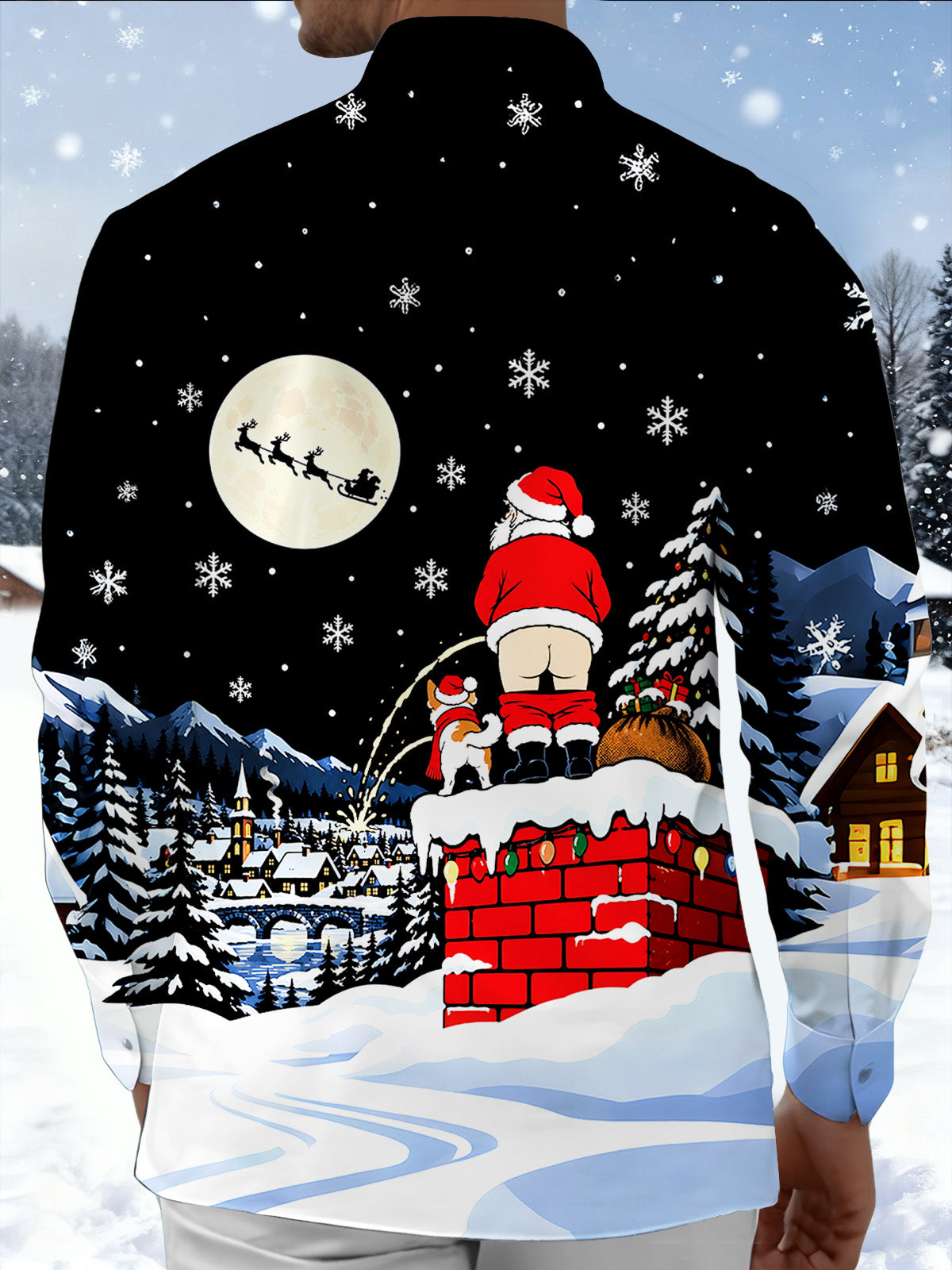 Adaychic Men's Graphic Christmas Snowy Village Night Scene Print Long Sleeve Shirt with Chest Pocket