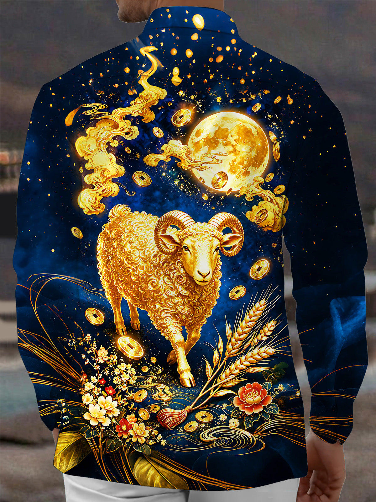 Adaychic Men's Printed Golden Sheep Print Full Moon Print Long Sleeve Shirt with Chest Pocket