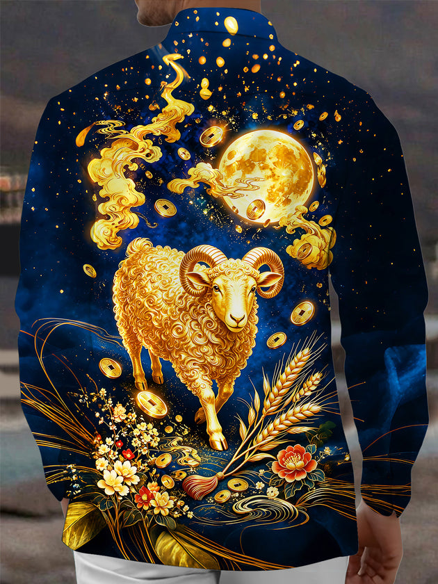 Adaychic Men's Printed Golden Sheep Print Full Moon Print Long Sleeve Shirt with Chest Pocket