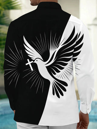 Adaychic Men's Graphic Peace Dove And Cross Print Long Sleeve Shirt with Chest Pocket