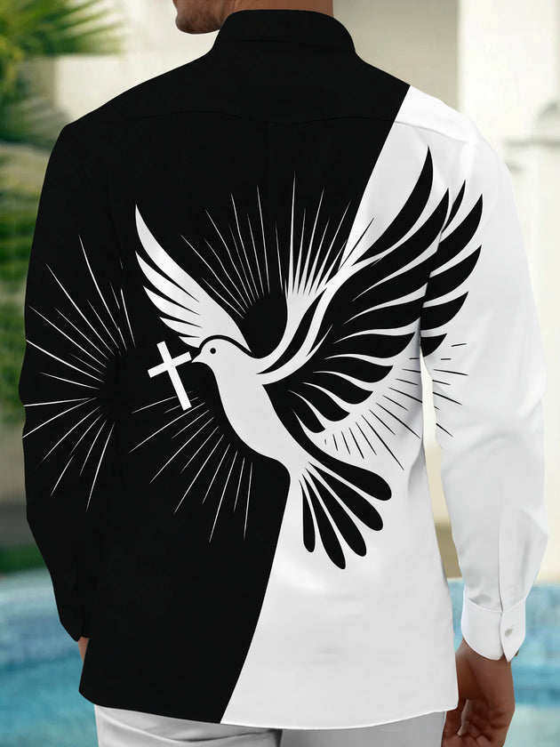 Adaychic Men's Graphic Peace Dove And Cross Print Long Sleeve Shirt with Chest Pocket