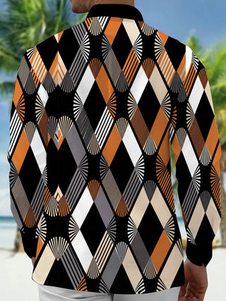 Adaychic Men's Patterned Geometric Fan Art Pattern Long Sleeve Shirt with Chest Pocket
