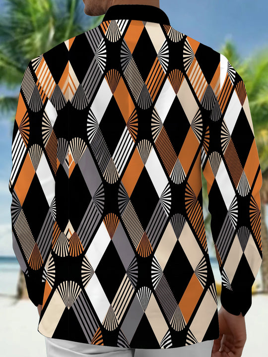Adaychic Men's Patterned Geometric Fan Art Pattern Long Sleeve Shirt with Chest Pocket