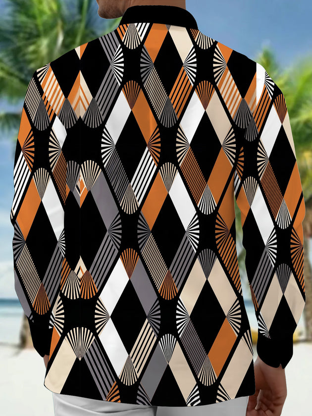 Adaychic Men's Patterned Geometric Fan Art Pattern Long Sleeve Shirt with Chest Pocket