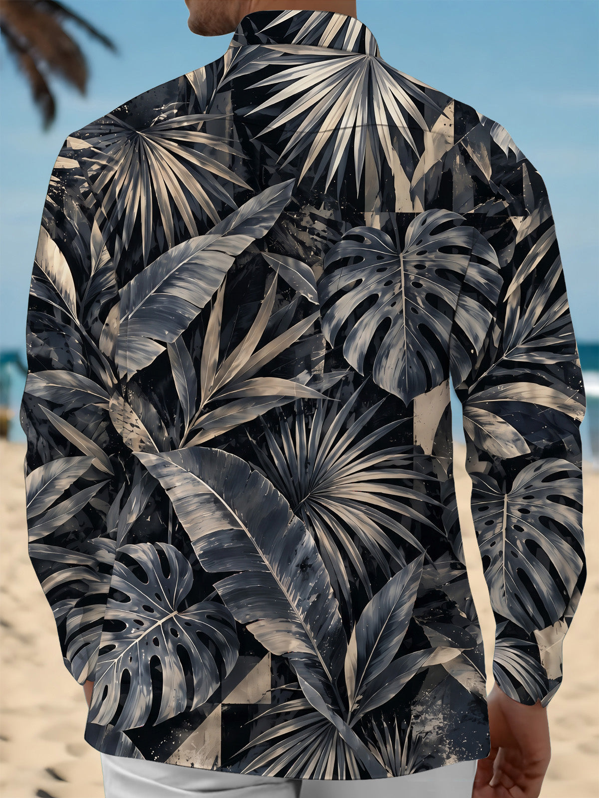 Adaychic Men's Hawaiian Tropical Leaves And Monstera Print Long Sleeve Shirt with Chest Pocket