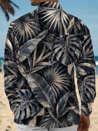 Adaychic Men's Hawaiian Tropical Leaves And Monstera Print Long Sleeve Shirt with Chest Pocket
