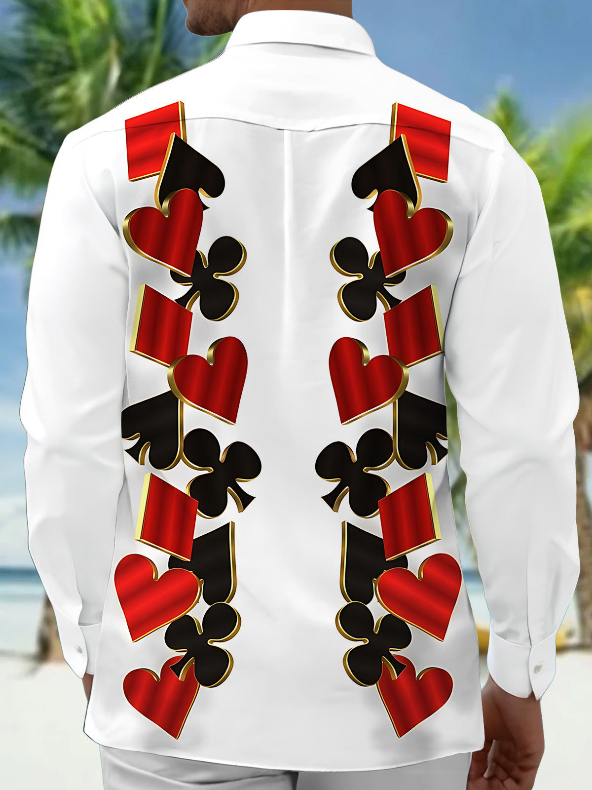 Adaychic Men's Graphic Playing Card Suits Print Long Sleeve Shirt with Chest Pocket